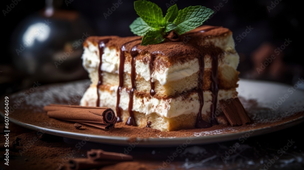 Illustration of a delicious slice of tiramisu with chocolate sauce created with Generative AI technology Illustration of a delicious slice of tiramisu with chocolate sauce created with Generative AI technology