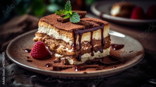 Illustration of a delicious slice of tiramisu with chocolate sauce ,Raspberry and fresh mint leaf - created with Generative AI technology