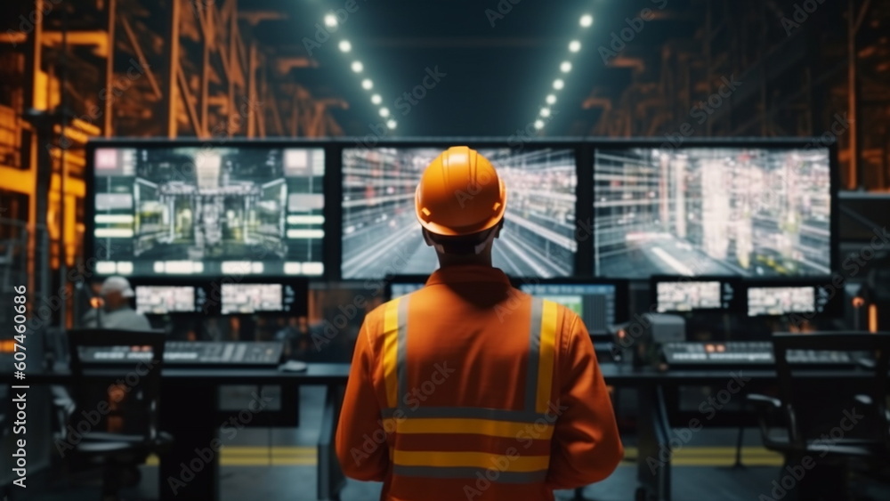 Industry 4.0 Modern Factory, engineer in safety helmet and uniforms on Big Screen monitor computer working control machine in factory with Generative AI.