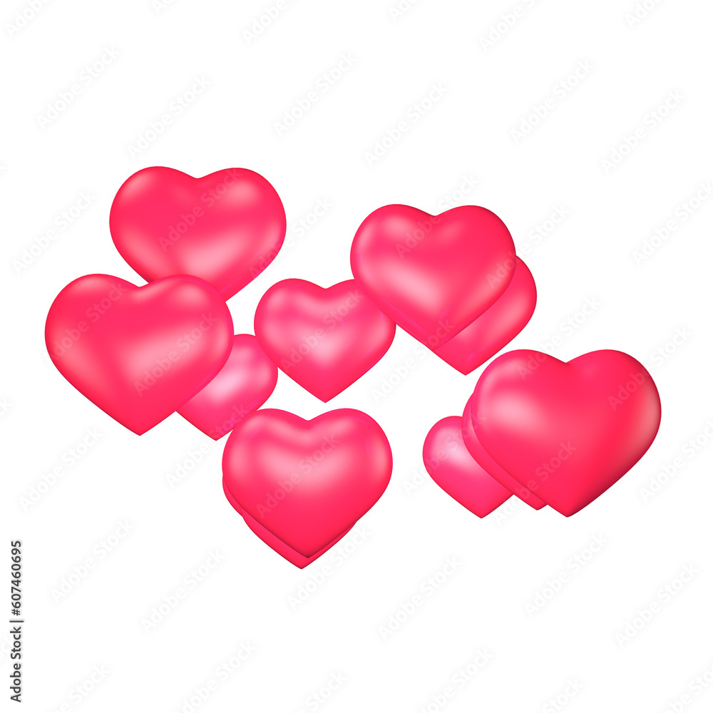 A lot of 3D red hearts chaotically on a transparent PNG background. Valentine's day concept.