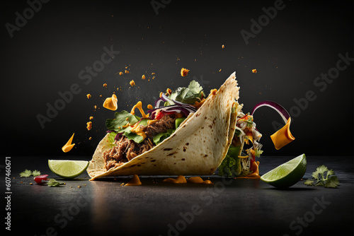 Close up of tasty taco with ingredients flying in air on black background. created with generative AI