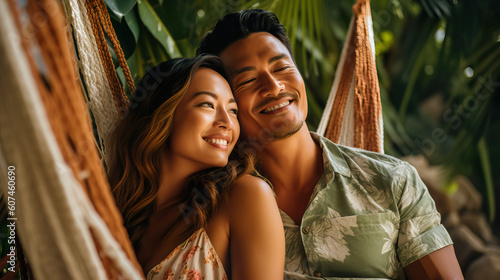 A fictional person. Smiling Couple Relaxing in Hammocks Among Palm Trees