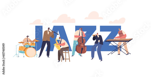 Jazz Band On Stage Performing Music Concert. Artists Characters On Scene With Musical Instruments Trumpet, Saxophone