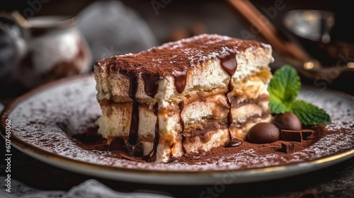 Illustration of a delicious slice of tiramisu with chocolate sauce created with Generative AI technology