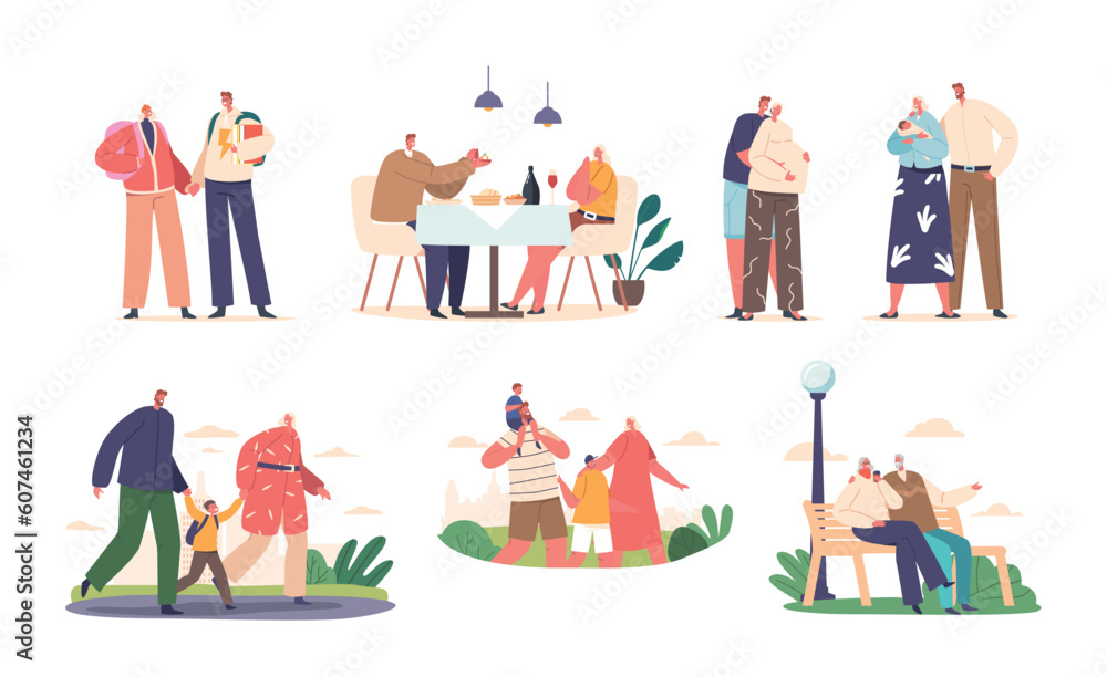 Set Stages of Family Relations. Young People Start Dating, Engagement, Pregnancy and Parenthood, Vector Illustration