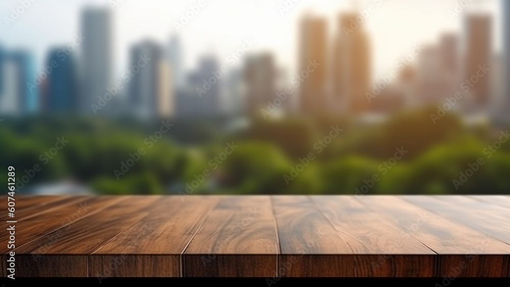 Wood table top on blur glass window wall building background with Generative AI. Wood table top on blur glass window wall building background with Generative AI.
