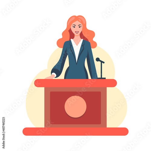 Young woman in a suit behind the podium during a speech. Smiling female leader