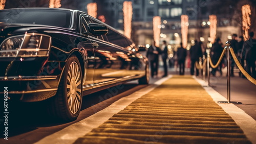 Red carpet entrance and limousine with Generative AI. photo