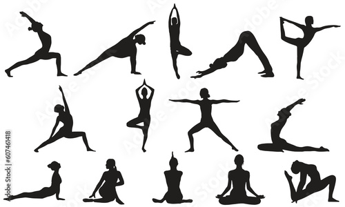 Silhouette of young woman doing yoga and exercise. Vector illustration