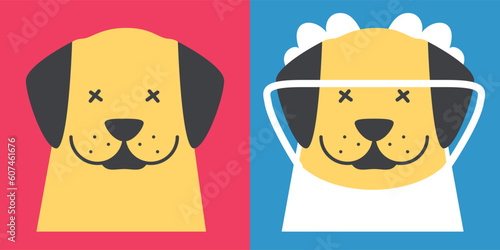 Set of illustrations with blind puppies. Dog in the style of flat contour graphics. Empathy and assistance to animals with physical defects. Adaptation of a blind dog. Collision avoidance device.
