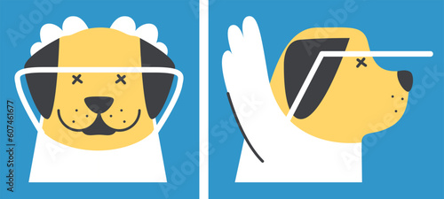 A set of illustrations of a puppy in profile and front. Empathy and assistance to animals with physical defects. Adaptation of a blind dog. Collision avoidance device. Animal inclusion.