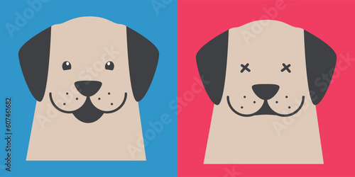 Set of illustrations with healthy and blind puppies. Cute dog in the style of flat contour graphics. Empathy and assistance to animals with physical defects. Family friend.