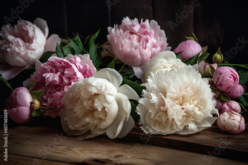 White peonies on the old blue background. Top view.Generation AI © Iryna
