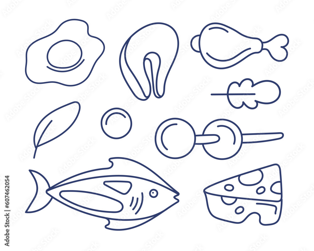 Fototapeta premium Set of vector icons on the theme of food: scrambled eggs, chicken leg, salmon, steak, cheese, etc. in line and doodle style.