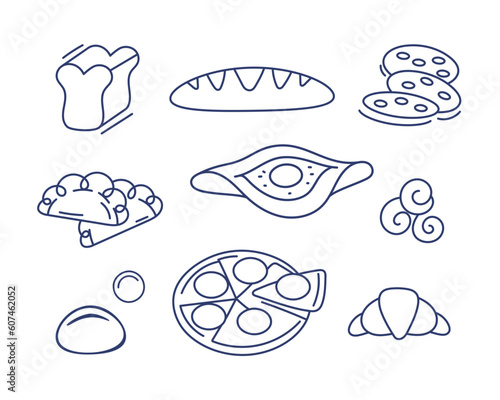 A set of vector icons on the theme of food from dough: cupcake, pie, dumplings, pizza, croissant, bun, etc. in line and doodle style.