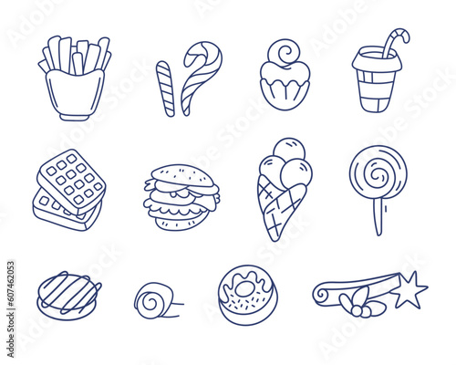 Set of vector icons on fast food theme: hamburger, donut, lollipop, ice cream, french fries, waffles, etc. in line and doodle style.
