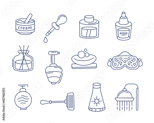 Set of vector icons on the theme of cosmetology and perfumery in line and doodle style.