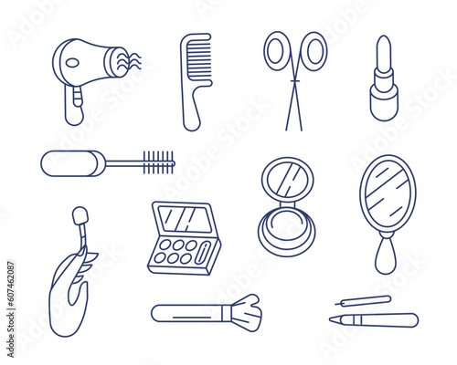 A set of vector icons on the theme of beauty: hair dryer, comb, scissors, lipstick, mascara, mirror, cosmetic bag, etc. in line and doodle style.