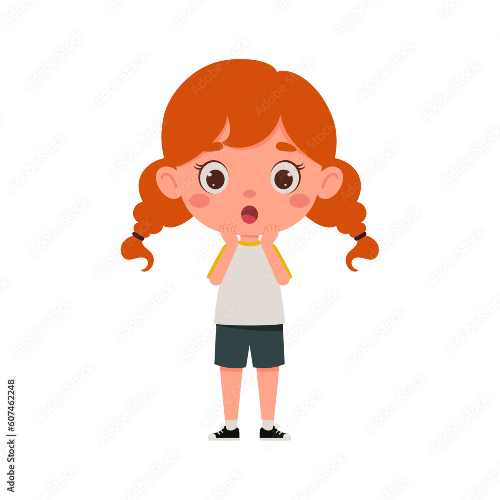 Cute cartoon little scary girl with red hair. Little schoolgirl character show facial expression. Vector illustration Cute cartoon little scary girl with red hair. Little schoolgirl character show facial expression. Vector illustration