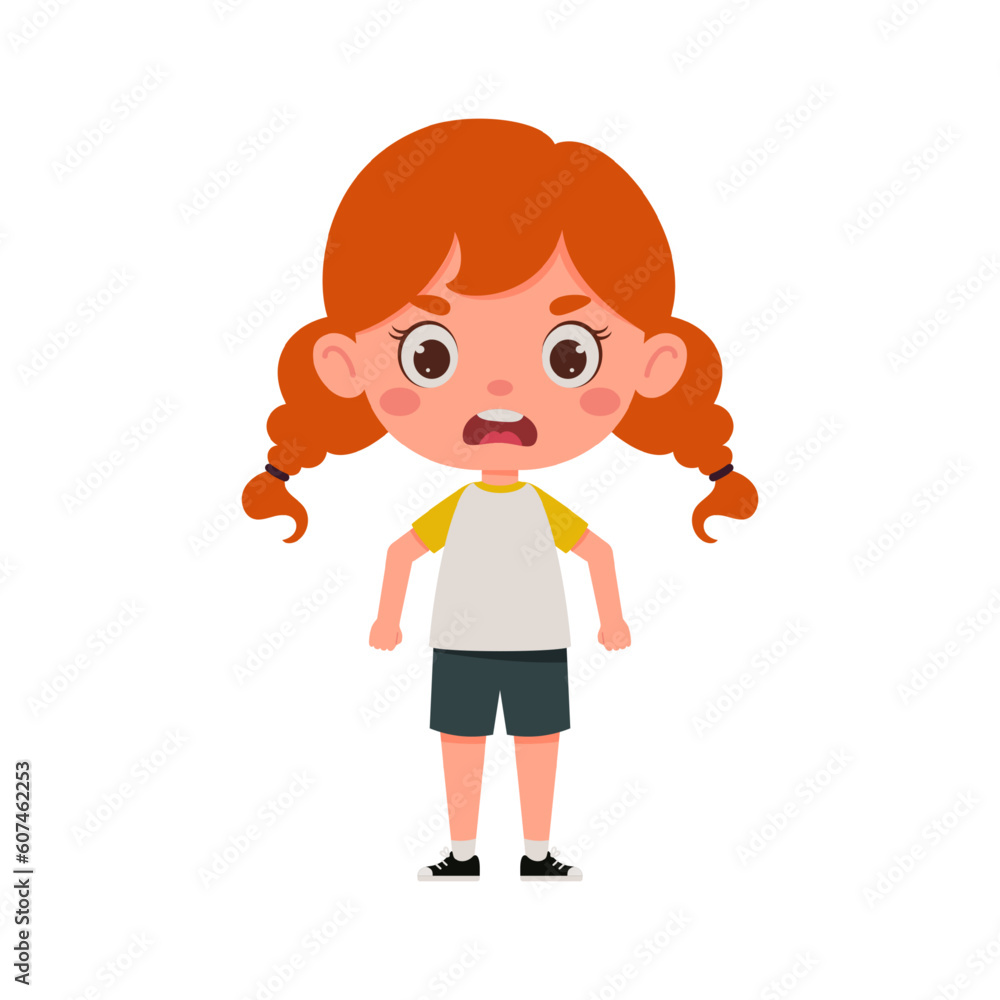 Cute cartoon little angry girl with red hair. Little schoolgirl character. Vector illustration Cute cartoon little angry girl with red hair. Little schoolgirl character. Vector illustration