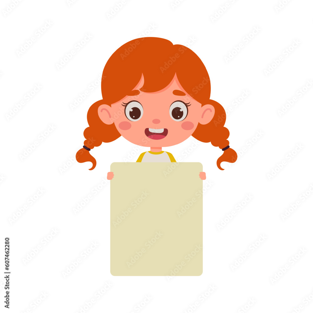 Cute little kid girl with red hair holding empty blank board. Cartoon child character. Vector illustration Cute little kid girl with red hair holding empty blank board. Cartoon child character. Vector illustration