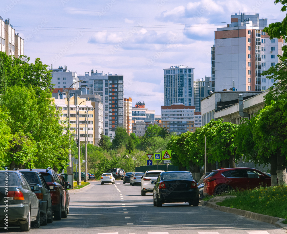 1st Technical Passage, modern multi-storey residential buildings are visible in the distance Cheboksary city center, Republic of Chuvashia, Russia, May 13, 2023