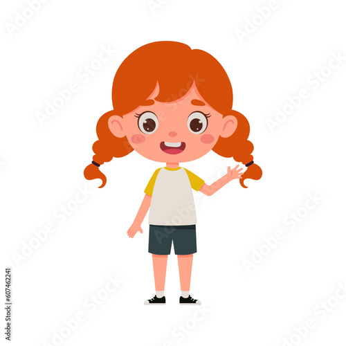 Cute cartoon little girl with red hair waving her hand. Little schoolgirl character. Vector illustration