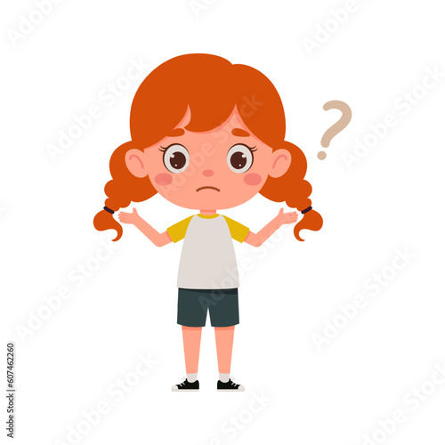 Cute little kid girl with red hair confused with question mark. Cartoon schoolgirl character show facial expression. Vector illustration