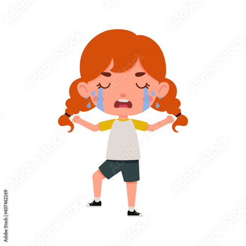 Cute little kid girl with red hair cry. Cartoon schoolgirl character show facial expression. Vector illustration