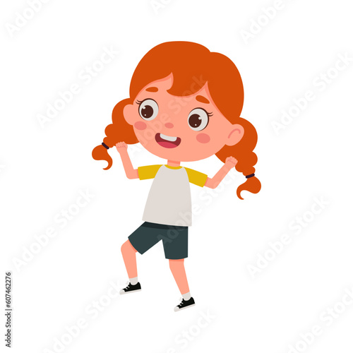 Cute little kid happy girl with red hair jump. Cartoon schoolgirl character show facial expression. Vector illustration