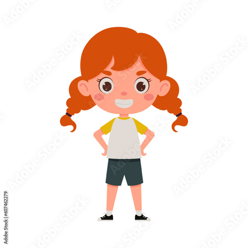 Cute little kid happy girl with red hair smile. Cartoon schoolgirl character show facial expression. Vector illustration