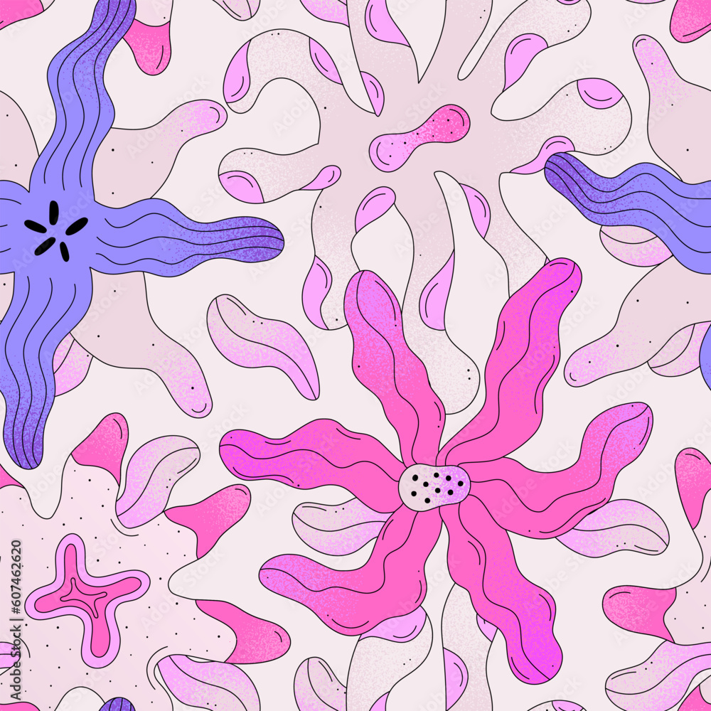Vector seamless pattern with colorful abstract wavy flowers on light background. Summer or spring floral design for wallpaper, fabric, wrapping paper, notebook covers, bed linen. Blue and pink colors
