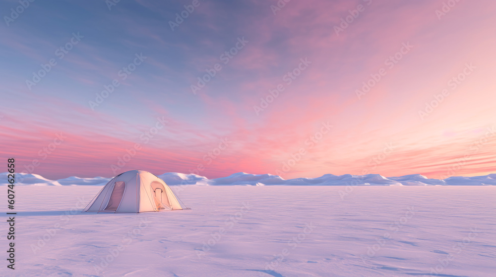 Tent in Antarctica, snow, pastel colors, minimalist
