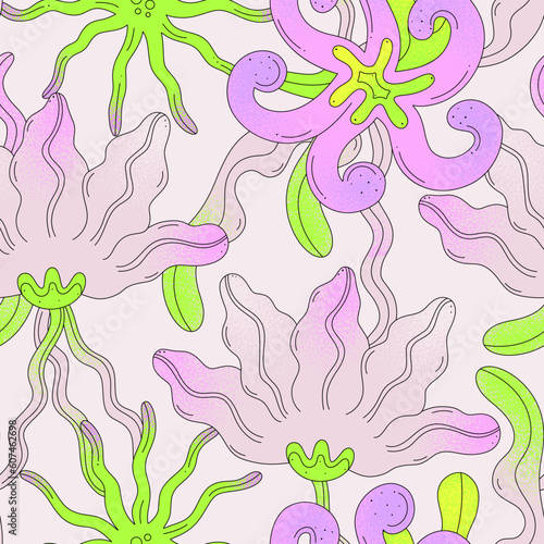 Vector seamless pattern with abstract wavy flowers on milky background. Summer or spring floral design for wallpaper, fabric, wrapping paper, notebook covers, bed linen. Pink and acid green colors