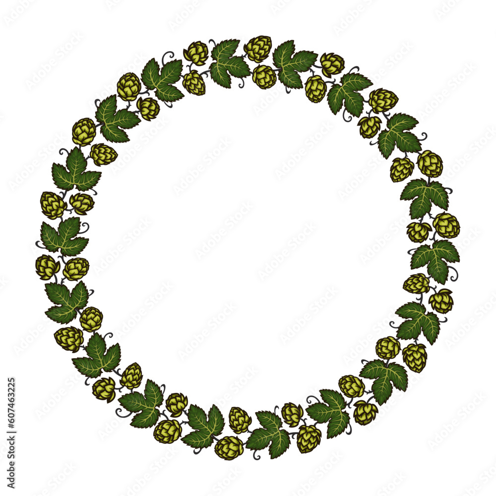 Round frame made of beer hops branches with leaves and hop cones. Decorative wreath. Hand drawn vector illustration. Round frame made of beer hops branches with leaves and hop cones. Decorative wreath. Hand drawn vector illustration.