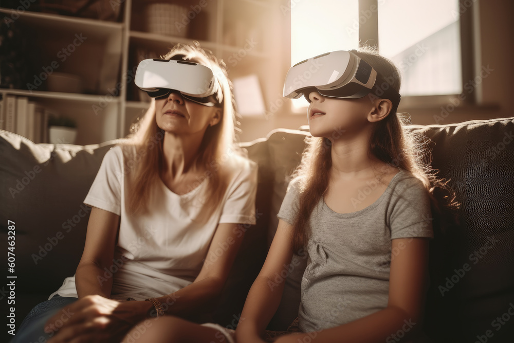 Madre e hija en casa con gafas futuristas de realidad virtual. ilustracion de IA generativa Madre e hija en casa con gafas futuristas de realidad virtual. ilustracion de IA generativa