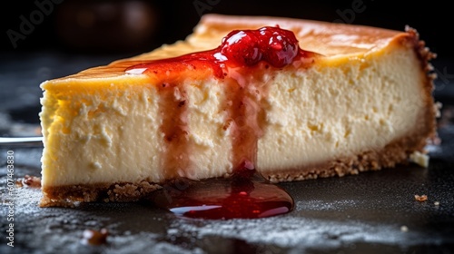 Illustration of a delicious New York-style cheesecake with cherry topping created with Generative AI technology