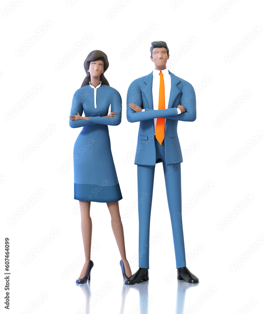Successful businessman and businesswoman stand at white background. 3D rendering illustration. Successful businessman and businesswoman stand at white background. 3D rendering illustration.