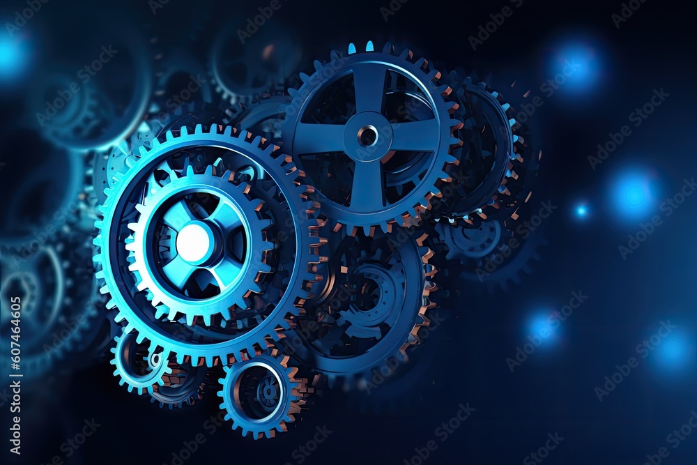Abstract gear wheels in dark background. Cogs and gear wheel mechanisms concept. Mechanical technology machine engineering wireframe - Generative AI