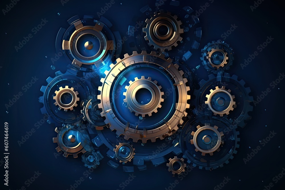 Abstract gear wheels in dark background. Cogs and gear wheel mechanisms concept. Mechanical technology machine engineering wireframe - Generative AI Abstract gear wheels in dark background. Cogs and gear wheel mechanisms concept. Mechanical technology machine engineering wireframe - Generative AI