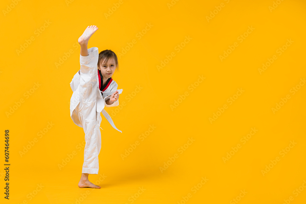 Premium Vector | Cute little karate kid girl showing hand defense  techniques poses in martial art training practice
