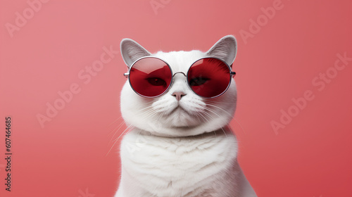 A close-up portrait of a funny white cat in red sunglasses, highlighted on a red background. Copy space. Generative AI.