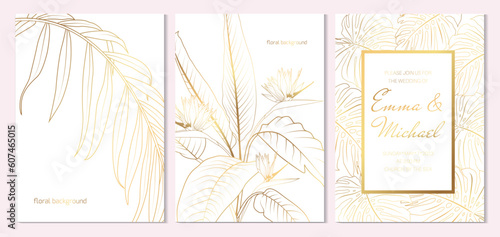 Wedding marriage event invitation card template. Gold tropical jungle monstera leaves, strelitzia flowers or bird of paradise flower and palm leaf border frame line art background.