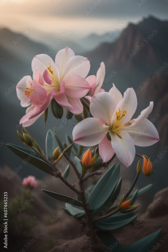 Fototapeta premium mountain magic, pink flowers atop an enigmatic peak, gentle blur, and misty ambiance. Generative AI