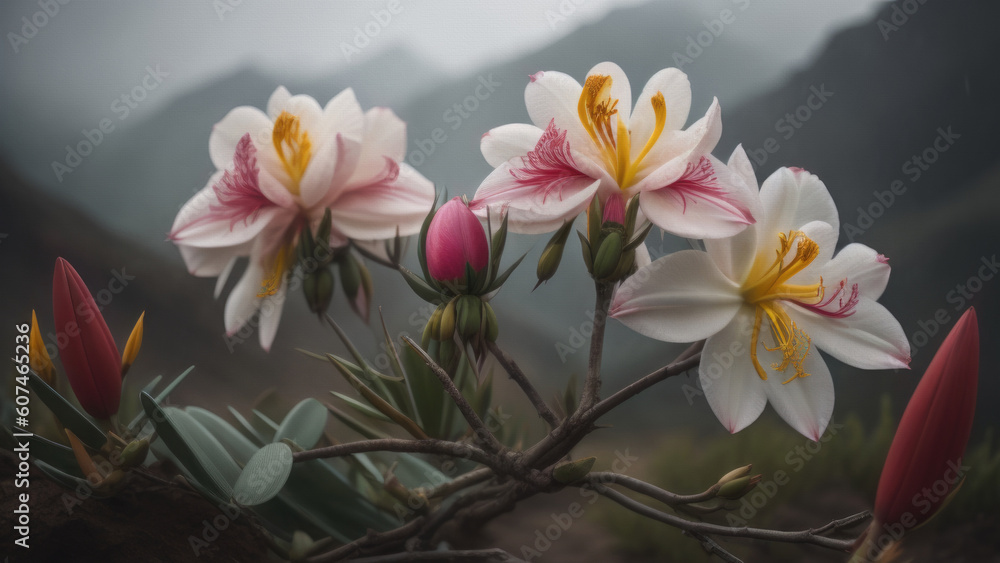 Fototapeta premium mountain magic, pink flowers atop an enigmatic peak, gentle blur, and misty ambiance. Generative AI