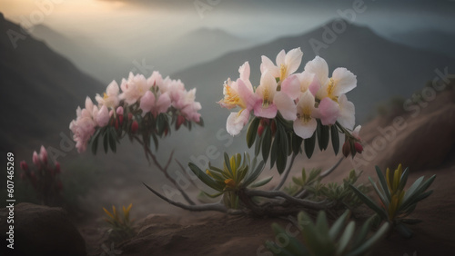 mountain magic  pink flowers atop an enigmatic peak  gentle blur  and misty ambiance. Generative AI