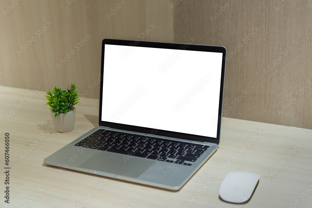 Mock up laptop computer blank white screen on desk. Mock up laptop computer blank white screen on desk.