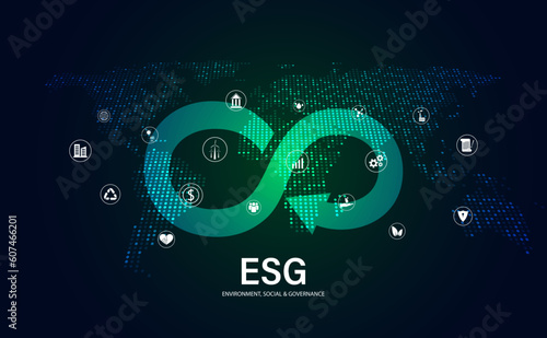 Abstract world map digital modern and icons concept esg environment social and government circular economy environmental protection Sustainable energy on the background, futuristic, modern