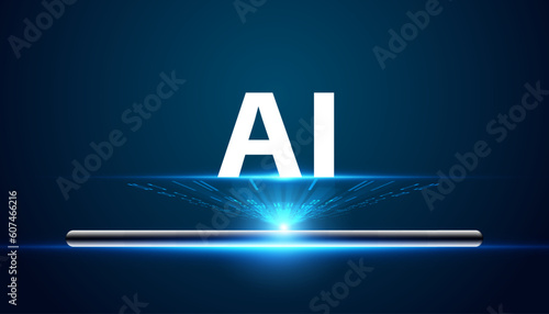 Media concepts such as mobile phones, using AI, generating content, using AI to help create content online, using AI technology to help create content On a blue background, futuristic, beautiful