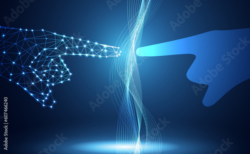 Abstract hand drawn wireframe, digital dots, AI and human concept in the future. change or transfer of information artificial intelligence On a blue background, digital, modern, beautiful, futuristic.